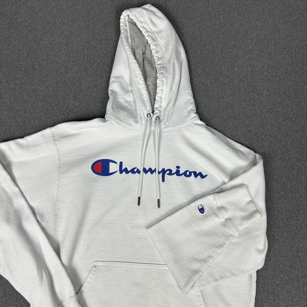 Champion White Script Logo Pullover Hoodie Sweatshirt Men's Medium Pocket